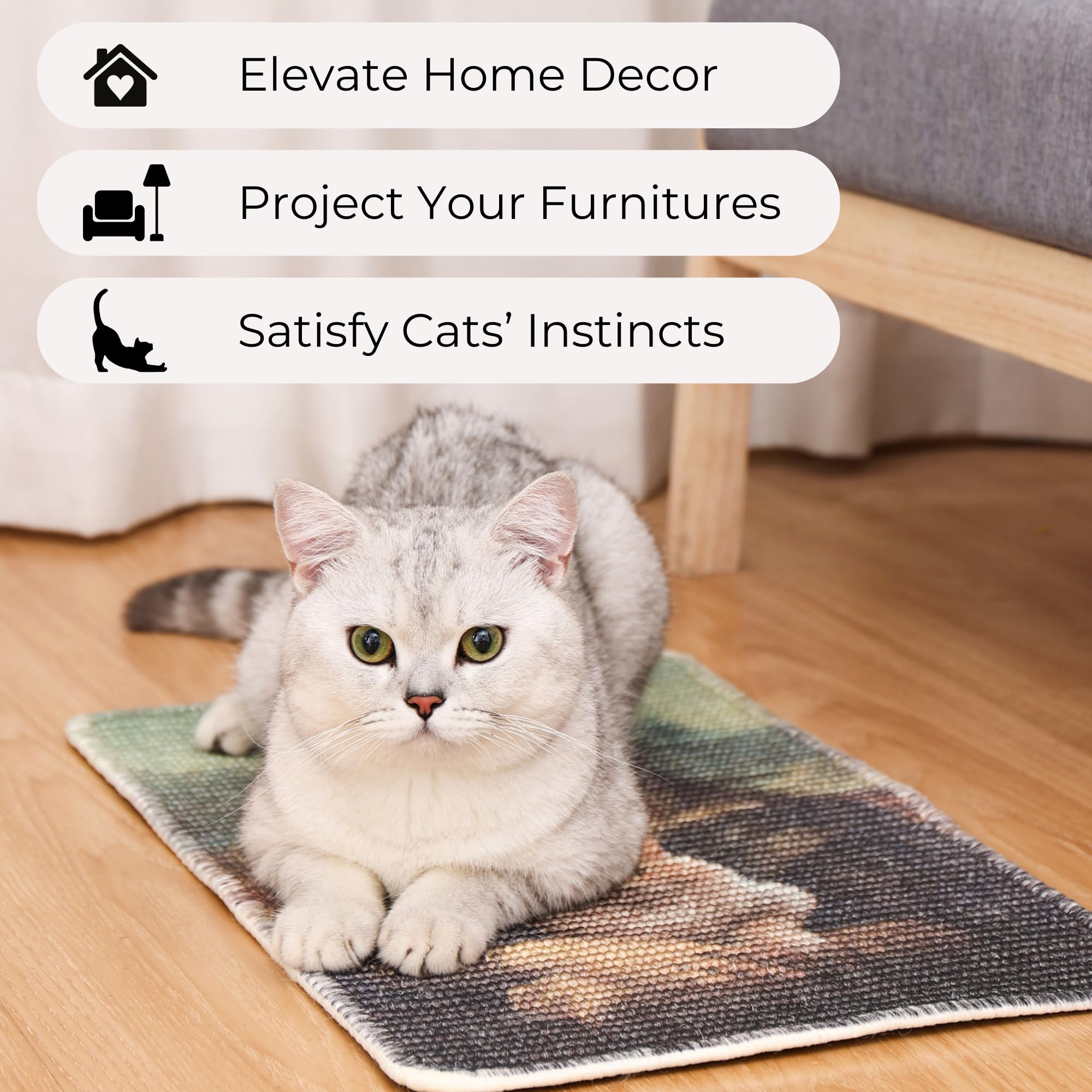 Furrther Sisal Cat Scratcher Mat (Use On Wall, Couch And Carpet), Durable And Shedding-Resistant Cat Scratching Surface - 21.7X1